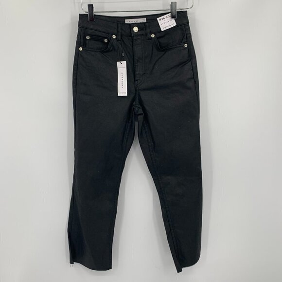 Topshop black coated straight jeans raw hem cropped high rise denim new 26 - Picture 2 of 6
